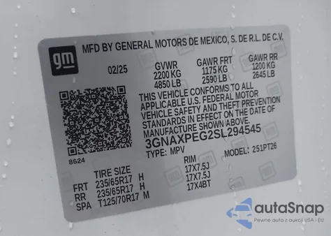 2025 Chevrolet Equinox Awd Lt из США, поврежденный, VIN 3GNAXPEG2SL294545